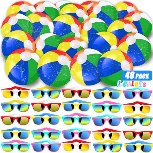 ontigola 48 Pieces Summer Sunglasses Beach Balls Bulk Party Favors for Kids 24Pack Neon Sunglasses 24Pack Beach Balls Kid Boys Girls Graduation Party Supplies for Beach Day Pool Party Favors Goodie Bag Favors - Image 1