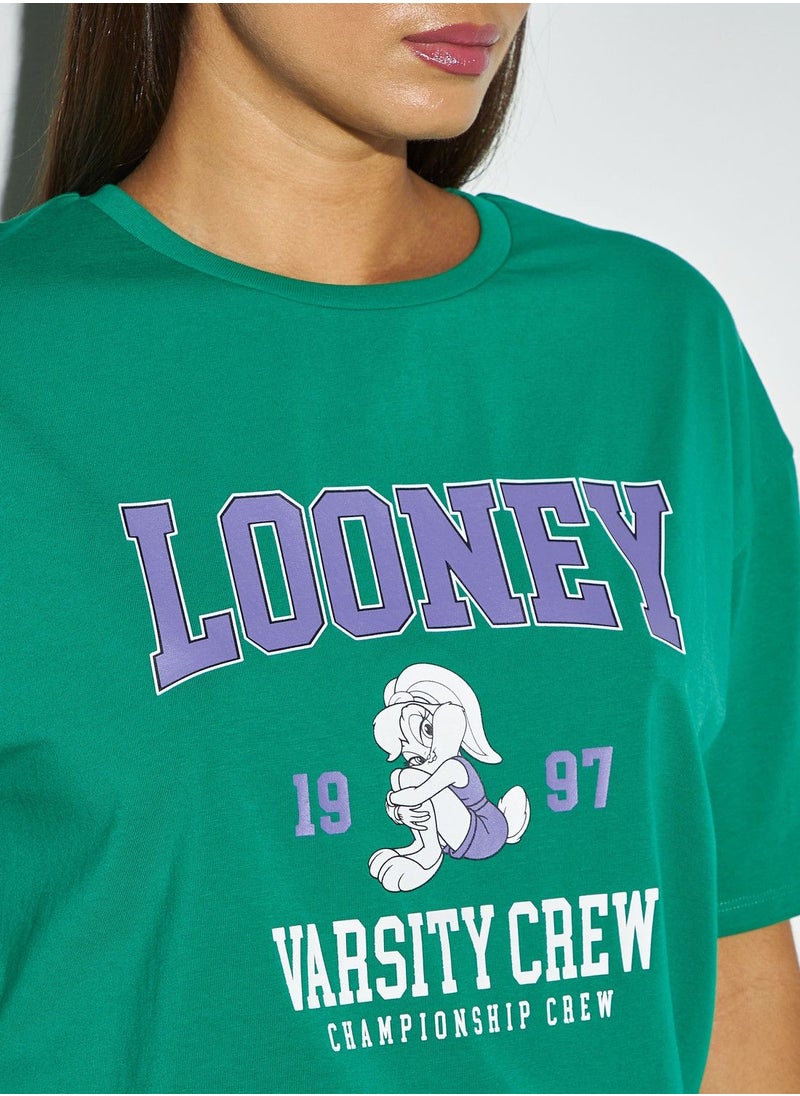 SP Characters - Looney Tunes Print Longline T-shirt with Crew Neck and Drop Shoulder Sleeves - Image 1