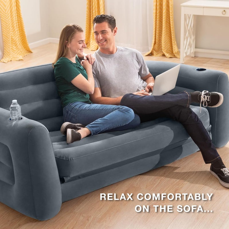 INTEX Inflatable Pull-Out Sofa: Velvety Surface, 2-in-1 Valve, Cupholder, 46" x 88" x 26" - Blow-Up Couch and Folding Queen Size Air Mattress Bed - Image 4