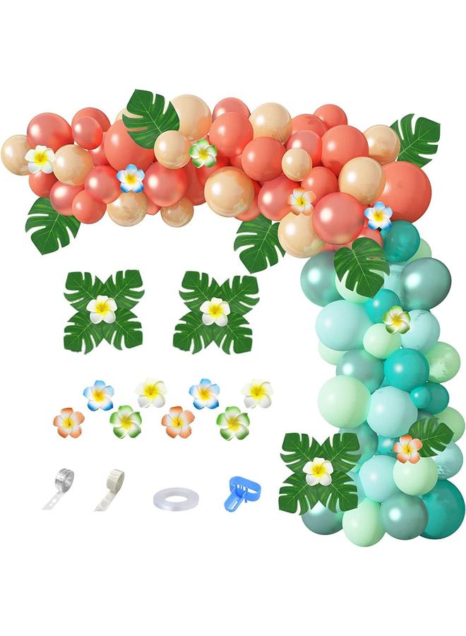Bluejw Ouddy Party Tropical Balloon Garland Arch Kit, 12"10"5" Rose Gold Blush Blue Balloons Artificial Palm Leaves Plumeria for Magic Theme Birthday Party Supplies Baby Shower Hawaii Luau Party Decorations - Image 1