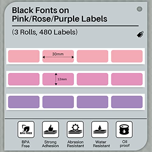 Memoking D30 Label Maker Tape - Compatible with Memoking/Phomemo D30 Printer Machine, 12x30mm Waterproof Thermal Printer D30 Labels, Purple/Rose Red/Pink Sticker Machine Tape, 3 Rolls - Image 5