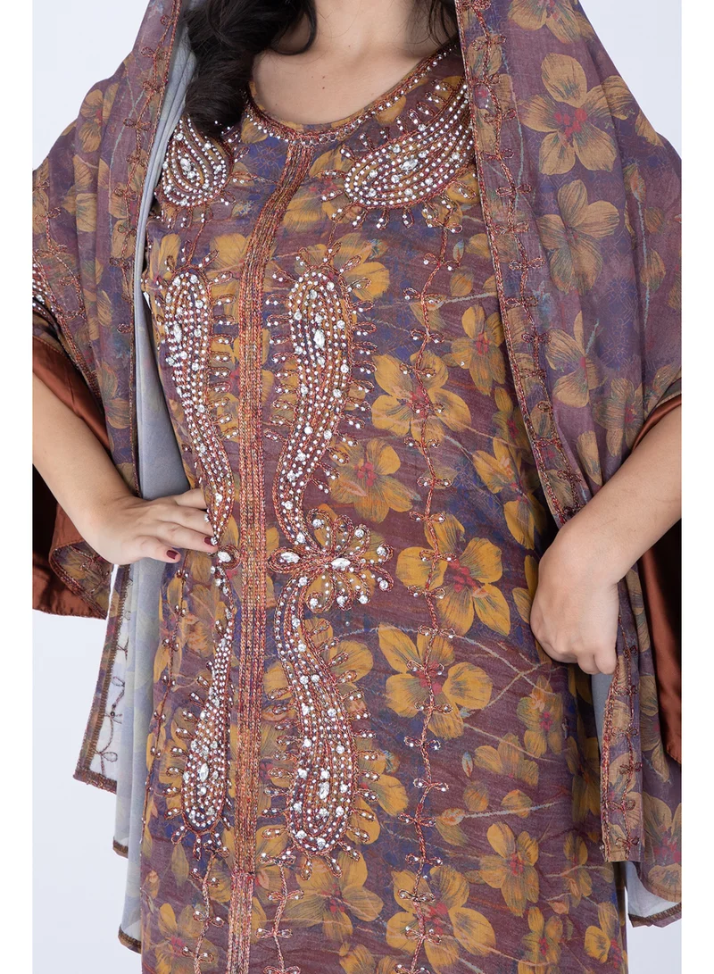 IKKXA Printed Jalabiya Crystal Patterns with Shawl IK1039 Brown
