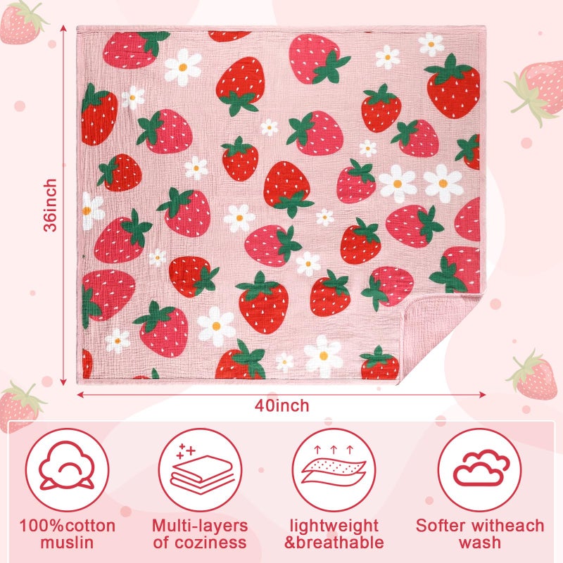 Breling Pink Strawberry Muslin Baby Blankets for Girls Boys, 100% Cotton Pink Strawberry Blanket for Infant Toddler, 40 x 36 Inch Soft and Lightweight Nursery Swaddling Wrap - Image 2