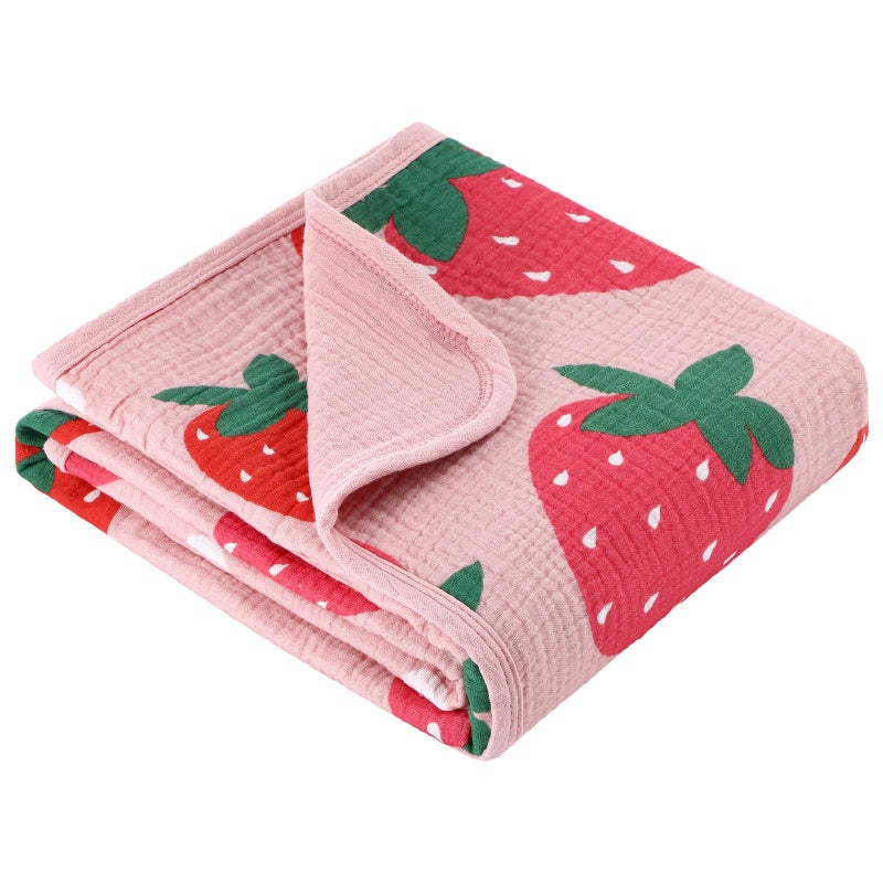 Breling Pink Strawberry Muslin Baby Blankets for Girls Boys, 100% Cotton Pink Strawberry Blanket for Infant Toddler, 40 x 36 Inch Soft and Lightweight Nursery Swaddling Wrap - Image 1