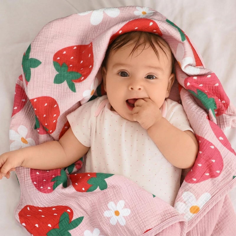 Breling Pink Strawberry Muslin Baby Blankets for Girls Boys, 100% Cotton Pink Strawberry Blanket for Infant Toddler, 40 x 36 Inch Soft and Lightweight Nursery Swaddling Wrap - Image 4