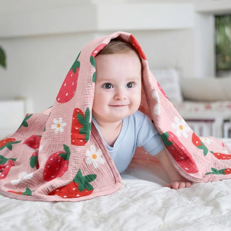 Breling Pink Strawberry Muslin Baby Blankets for Girls Boys, 100% Cotton Pink Strawberry Blanket for Infant Toddler, 40 x 36 Inch Soft and Lightweight Nursery Swaddling Wrap - Image 5