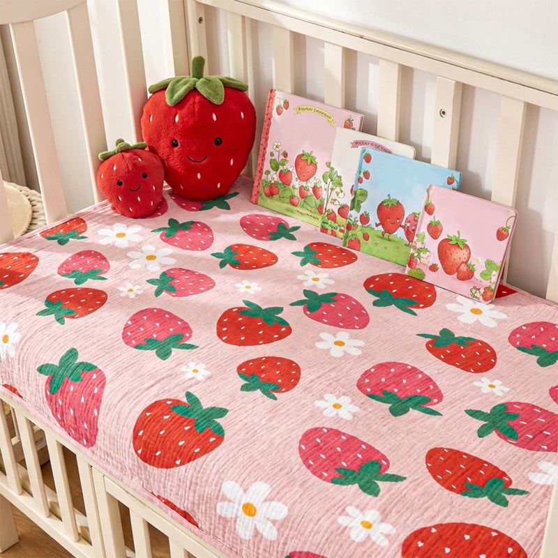 Breling Pink Strawberry Muslin Baby Blankets for Girls Boys, 100% Cotton Pink Strawberry Blanket for Infant Toddler, 40 x 36 Inch Soft and Lightweight Nursery Swaddling Wrap - Image 3
