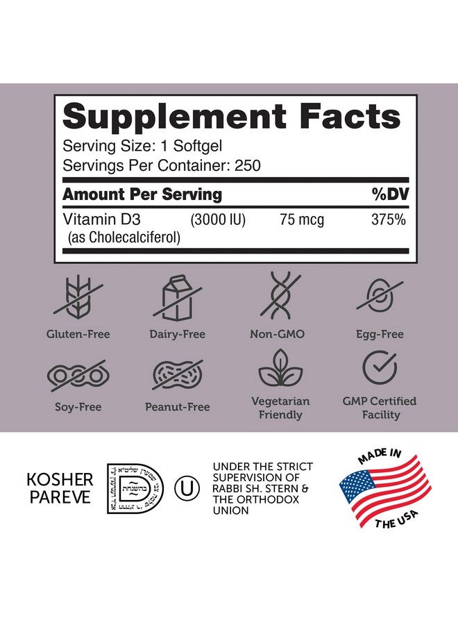 Zahler Vitamin D3 3000IU, Vitamin D3 Supplement 3,000 IU, Certified Kosher (250 Softgels) - Image 5