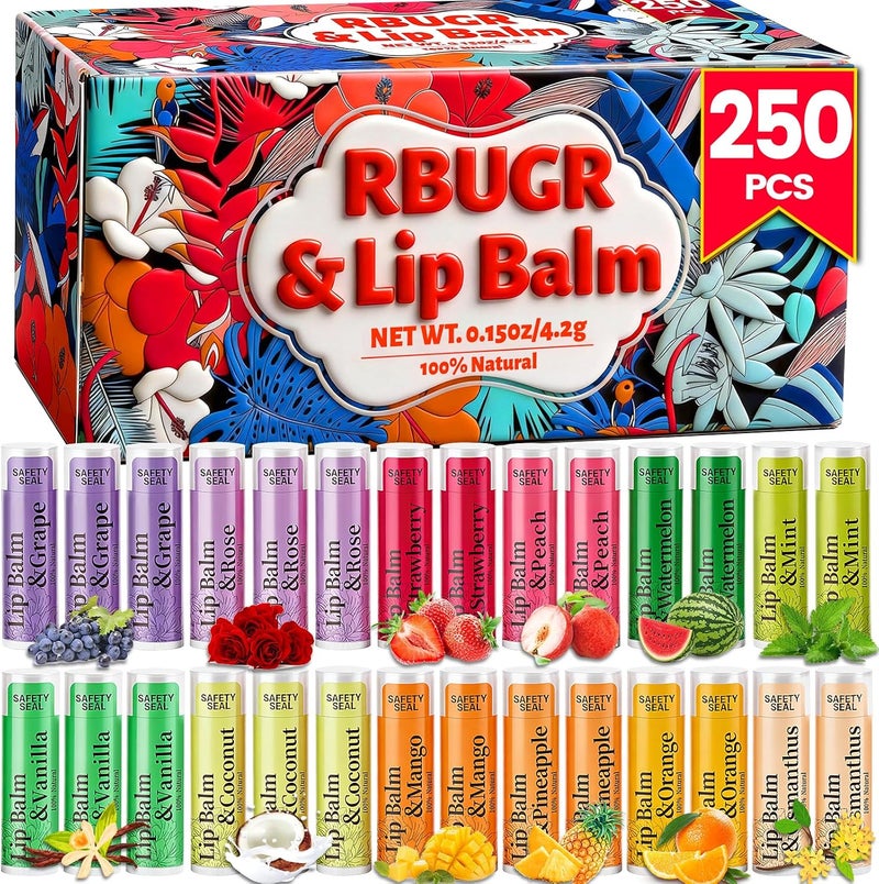 RBUGR 250 Pcs Lip Balm Bulk,12 Fruit Flavored Natural Bulk Lip Balm, Lip Balms Pack with Vitamin E, Lip Balms Gift Set Women Stocking Stuffers Party Favors, Moisturizing&Soothing(4.2g/0.15oz) - Image 1