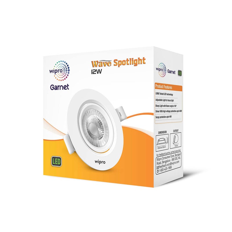 WIPRO سبوتلايت وipro غارنيت 12 واط دائري LED ويف سبوتلايت للسقف ضوء أبيض محايد 4000 كيلفن تصميم قابل للتعديل سبوتلايت مائل مدمج للسقف المعلق فتحة 125 مم عبوة من 6 - Image 4