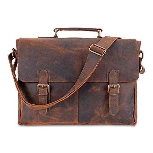moonster Leather Messenger Bag for Men, Rustic Messenger Bag for Women – Handmade Full Grain Leather Bag for Men - Distressed Buffalo Leather – 16 Inch Laptop Bag with Padded Compartment Pockets - Image 1