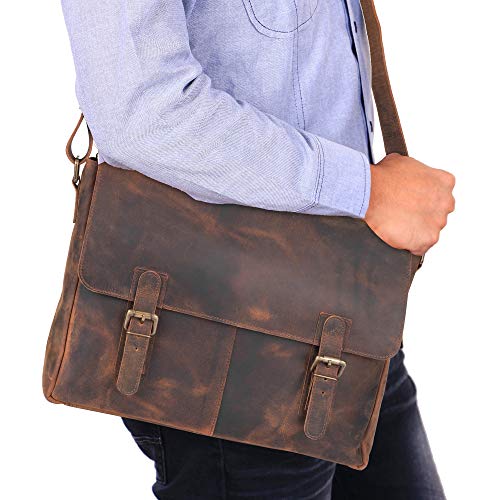 moonster Leather Messenger Bag for Men, Rustic Messenger Bag for Women – Handmade Full Grain Leather Bag for Men - Distressed Buffalo Leather – 16 Inch Laptop Bag with Padded Compartment Pockets - Image 4