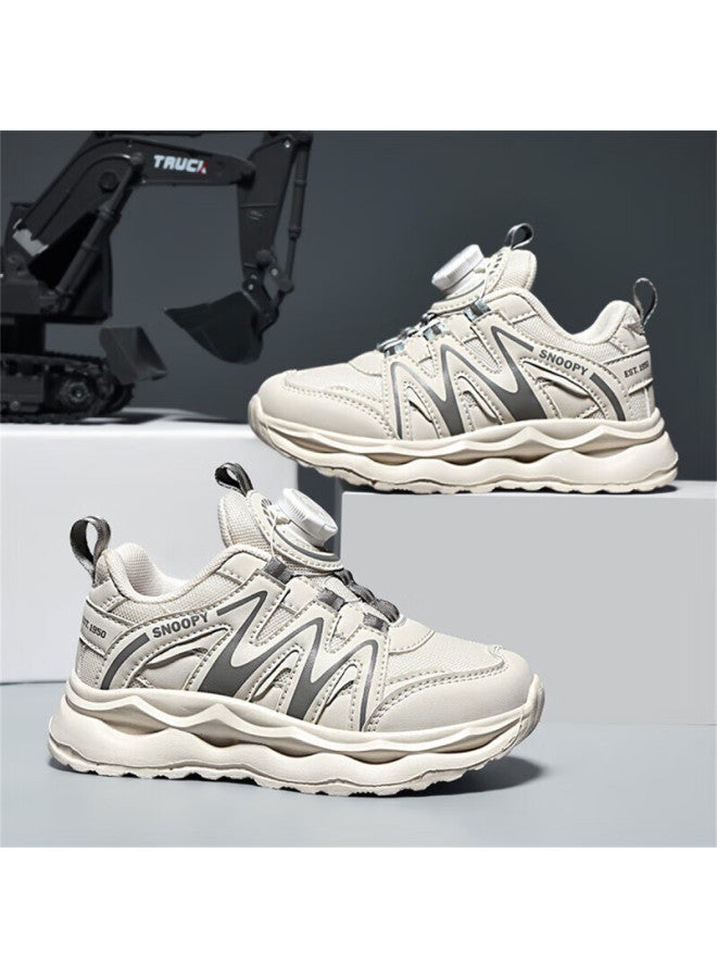 Snoopy Children's Sneakers, Boys And Girls Sports Shoes, Fashionable Rotary Button School Breathable Running Shoes, 0380 Beige, Size 30 - Image 1