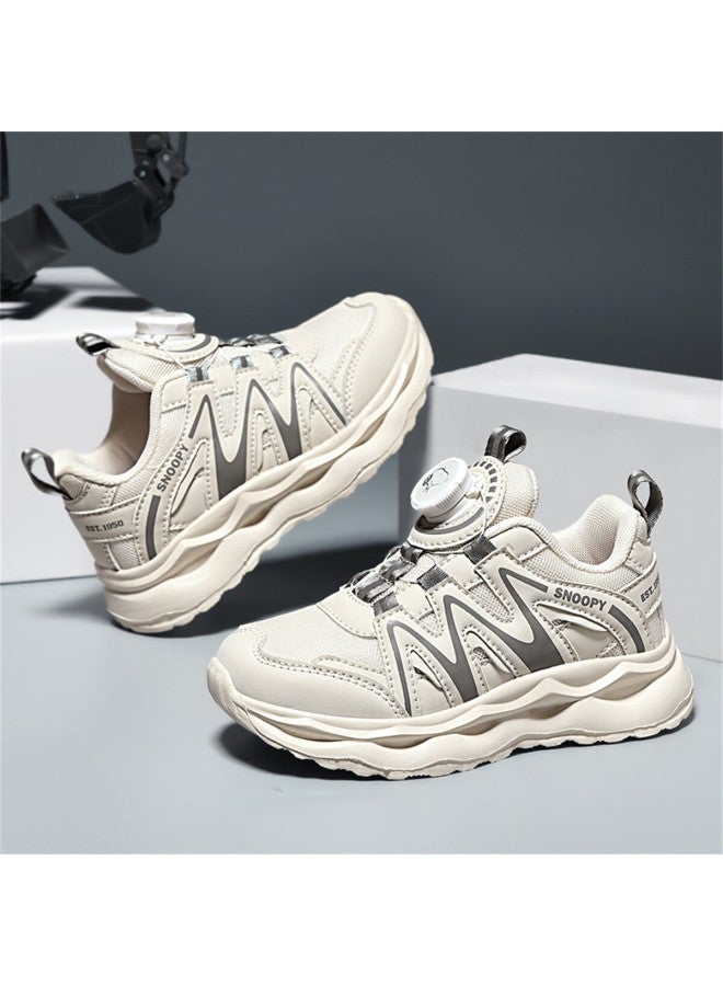 Snoopy Children's Sneakers, Boys And Girls Sports Shoes, Fashionable Rotary Button School Breathable Running Shoes, 0380 Beige, Size 30 - Image 2