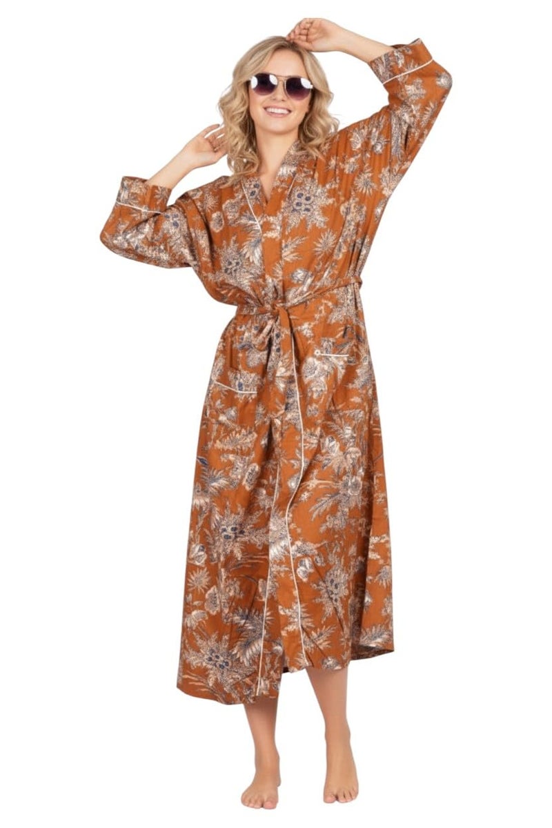 COTSILER Cotton Block Print Kimono Robe for Women Long Bathrobe with Belt & Pockets Soft Lightweight Nightwear Spa,Lounge or Cover-Up (US, Alpha, One Size, Regular, Regular, Design 5) - Image 1