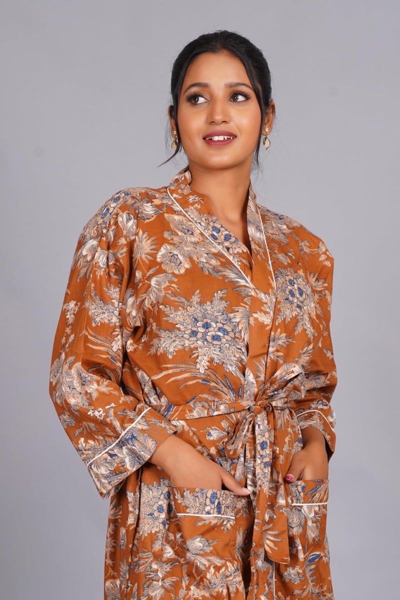 COTSILER Cotton Block Print Kimono Robe for Women Long Bathrobe with Belt & Pockets Soft Lightweight Nightwear Spa,Lounge or Cover-Up (US, Alpha, One Size, Regular, Regular, Design 5) - Image 2