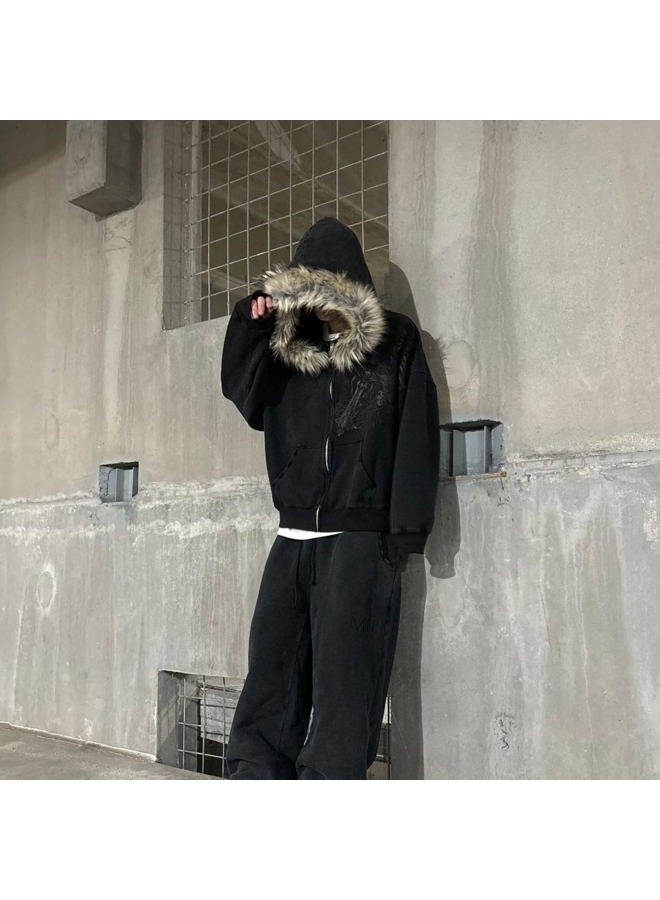 RICHTRUE Therian Fur Hood Jacket Y2k Goth Zip Up Hoodie Oversized Graphic Sweatshirt Emo Grunge Streetwear Fall Winter 2025, Goth Black, S - Image 2