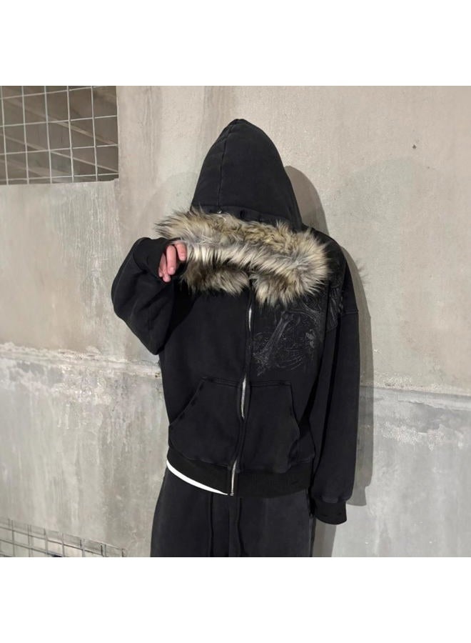 RICHTRUE Therian Fur Hood Jacket Y2k Goth Zip Up Hoodie Oversized Graphic Sweatshirt Emo Grunge Streetwear Fall Winter 2025, Goth Black, S - Image 3