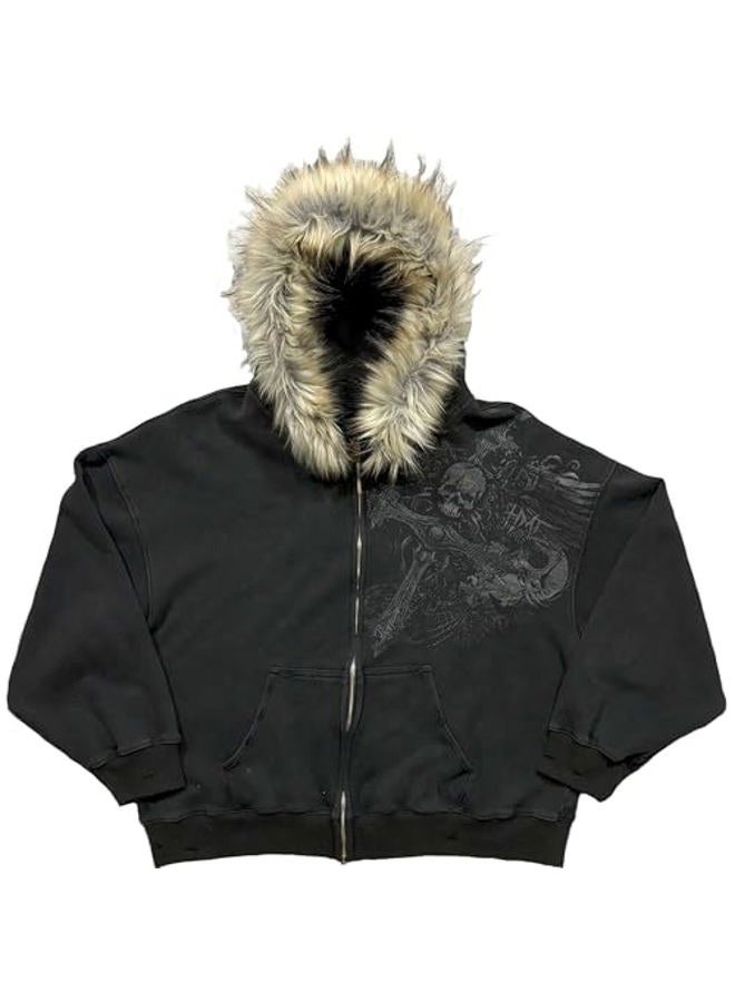 RICHTRUE Therian Fur Hood Jacket Y2k Goth Zip Up Hoodie Oversized Graphic Sweatshirt Emo Grunge Streetwear Fall Winter 2025, Goth Black, S - Image 1
