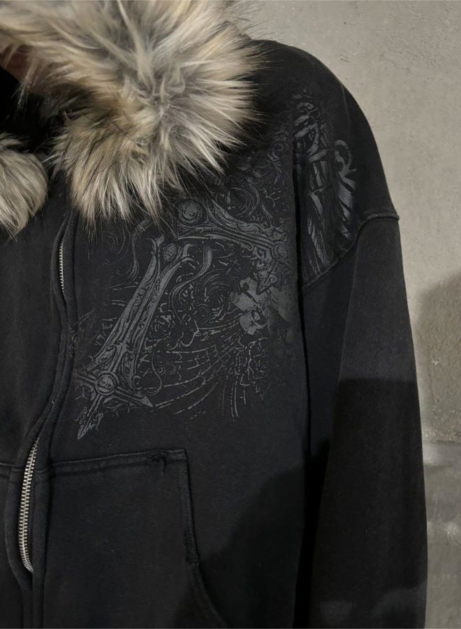 RICHTRUE Therian Fur Hood Jacket Y2k Goth Zip Up Hoodie Oversized Graphic Sweatshirt Emo Grunge Streetwear Fall Winter 2025, Goth Black, S - Image 4