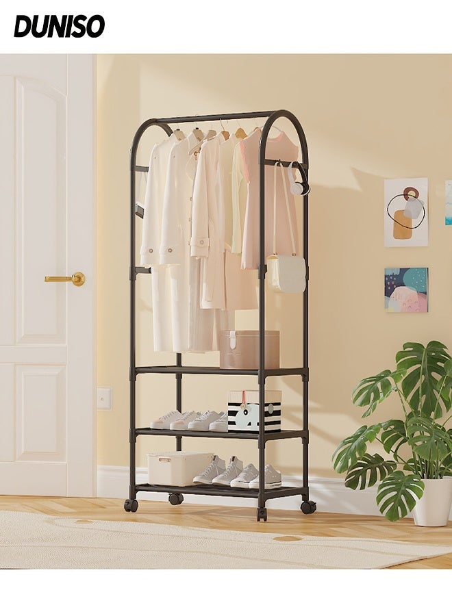 DUNISO 2-in 1 Garment Rack with Wheel and Side Hooks,Clothing Storage  Organizer with Bottom Storage,Multi-Functional Coat Rack Storage for Bedroom Laundry ,Small Place ,Entryway  （Black） - Image 1