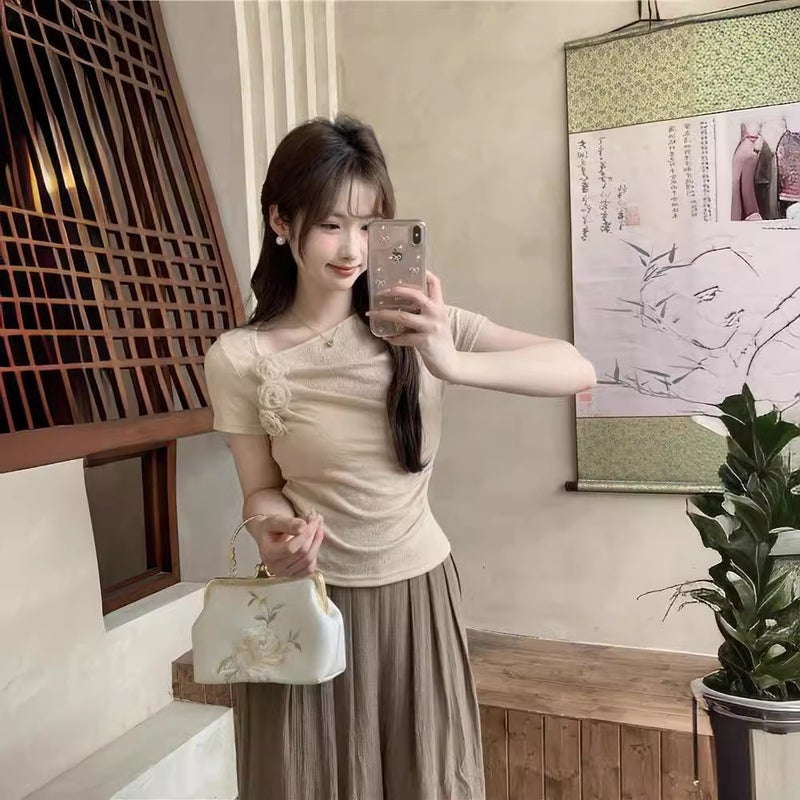French Three-Dimensional Flower Short Sleeve T-Shirt Women'S Temperament Slim Pleated Design Short Top - Image 5