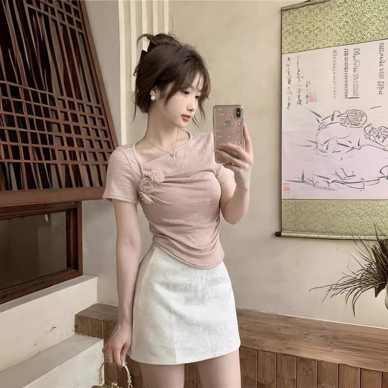 French Three-Dimensional Flower Short Sleeve T-Shirt Women'S Temperament Slim Pleated Design Short Top - Image 4