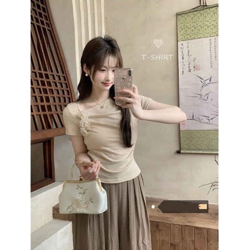 French Three-Dimensional Flower Short Sleeve T-Shirt Women'S Temperament Slim Pleated Design Short Top - Image 3