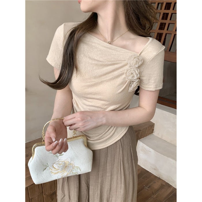 French Three-Dimensional Flower Short Sleeve T-Shirt Women'S Temperament Slim Pleated Design Short Top - Image 1
