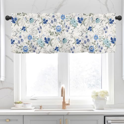 SHAPTOY Spring Summer Blue Floral Curtain Valances for Kitchen Window Farmhouse Gray White French Country Rod Pocket Valance Windows Treatments 1 Panel Short Curtains 54x18 Inch for Bedroom Bathroom Decor - Image 5