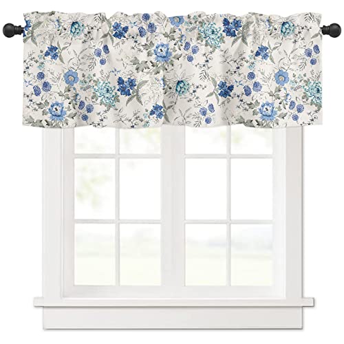 SHAPTOY Spring Summer Blue Floral Curtain Valances for Kitchen Window Farmhouse Gray White French Country Rod Pocket Valance Windows Treatments 1 Panel Short Curtains 54x18 Inch for Bedroom Bathroom Decor - Image 1