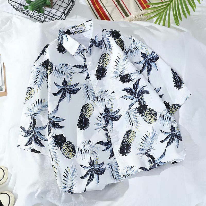Summer Korean Short-Sleeved Shirt Hong Kong Style Retro Loose Seaside Vacation Hawaiian Flower Shirt Beach Couple Trendy 8860