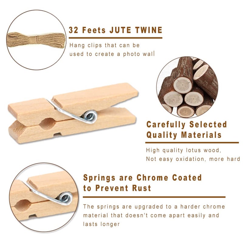 SETNDTS 1.35 Inch Mini ClothesPins for Photoã€100 Pcsã€‘ with 32 Feet Jute Twineï¼ŒMini Clothes Pins for Crafts,Wooden Small Clothes Pins for Pictures,Tiny Decorative Clothespins for Baby Shower(Natural Color) - Image 2
