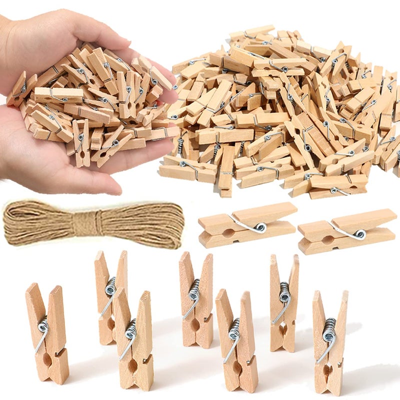 SETNDTS 1.35 Inch Mini ClothesPins for Photoã€100 Pcsã€‘ with 32 Feet Jute Twineï¼ŒMini Clothes Pins for Crafts,Wooden Small Clothes Pins for Pictures,Tiny Decorative Clothespins for Baby Shower(Natural Color) - Image 1