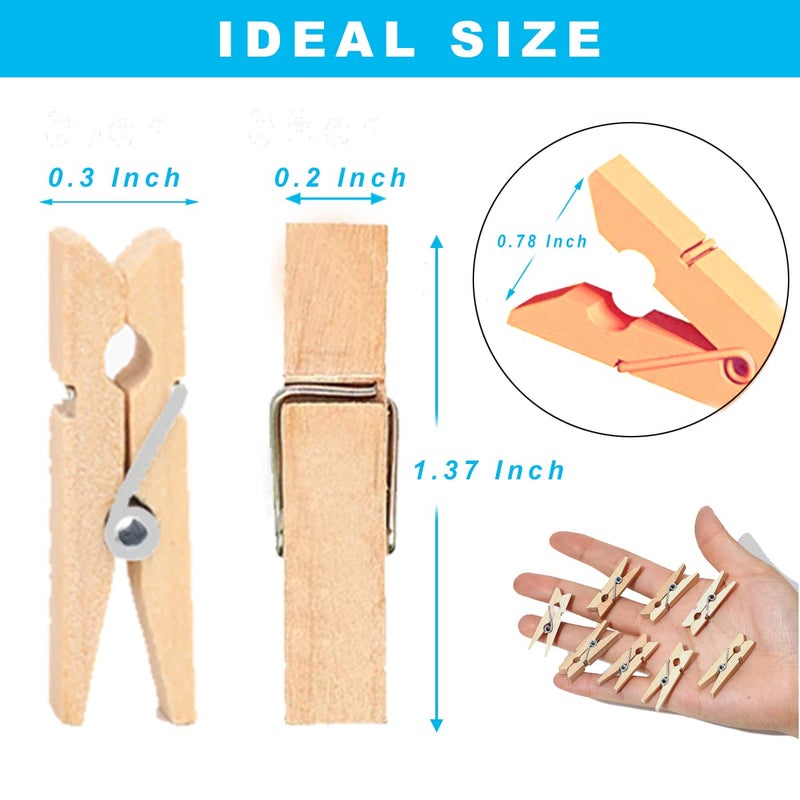SETNDTS 1.35 Inch Mini ClothesPins for Photoã€100 Pcsã€‘ with 32 Feet Jute Twineï¼ŒMini Clothes Pins for Crafts,Wooden Small Clothes Pins for Pictures,Tiny Decorative Clothespins for Baby Shower(Natural Color) - Image 4