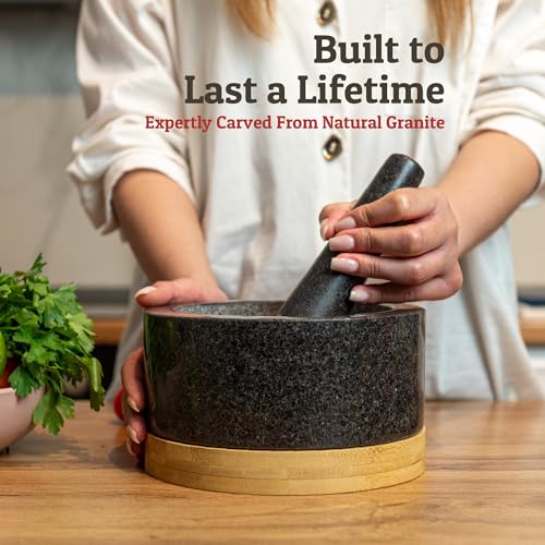 Priority Chef PriorityChef Heavy Duty Mortar and Pestle Set with Bamboo Base, 100% Natural Granite Stone Grinder, Guacamole Bowl and Masher, 4 Cups, Black - Image 2