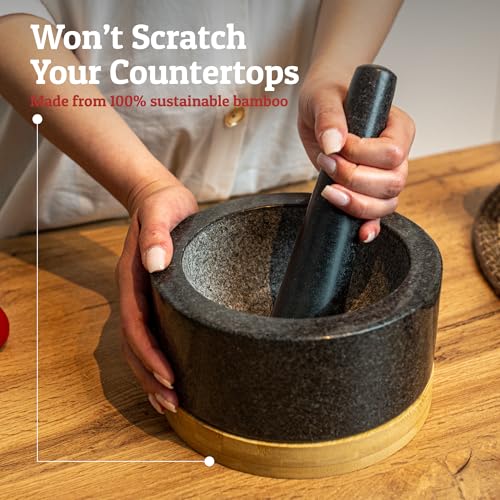 Priority Chef PriorityChef Heavy Duty Mortar and Pestle Set with Bamboo Base, 100% Natural Granite Stone Grinder, Guacamole Bowl and Masher, 4 Cups, Black - Image 4