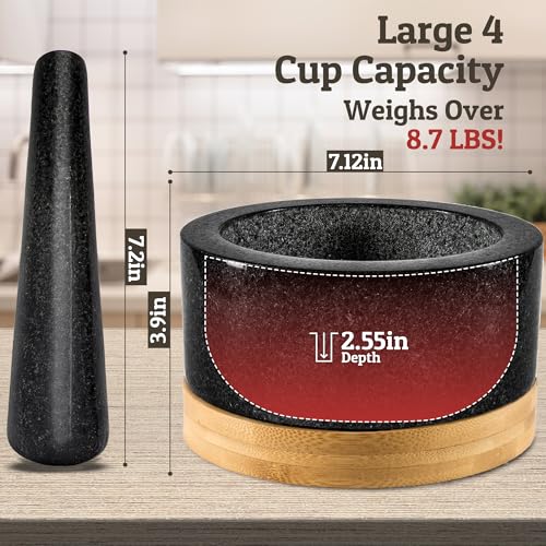 Priority Chef PriorityChef Heavy Duty Mortar and Pestle Set with Bamboo Base, 100% Natural Granite Stone Grinder, Guacamole Bowl and Masher, 4 Cups, Black - Image 3