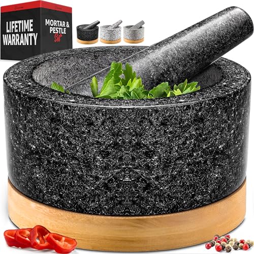 Priority Chef PriorityChef Heavy Duty Mortar and Pestle Set with Bamboo Base, 100% Natural Granite Stone Grinder, Guacamole Bowl and Masher, 4 Cups, Black - Image 1
