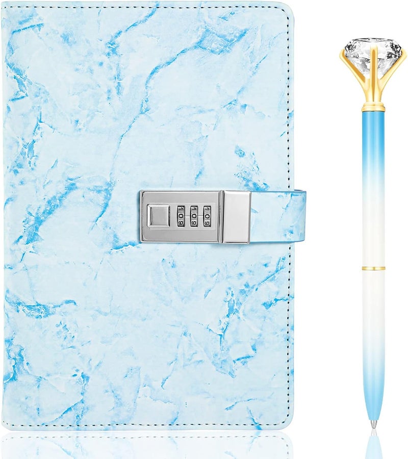 klarako Diary with Lock Marble PU Leather A5 Journal Combination Lock Secret Personal with Diamond Pen for Girls Women Boys (Blue,1 Pcs) - Image 1