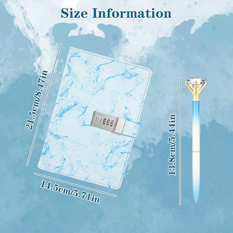 klarako Diary with Lock Marble PU Leather A5 Journal Combination Lock Secret Personal with Diamond Pen for Girls Women Boys (Blue,1 Pcs) - Image 3