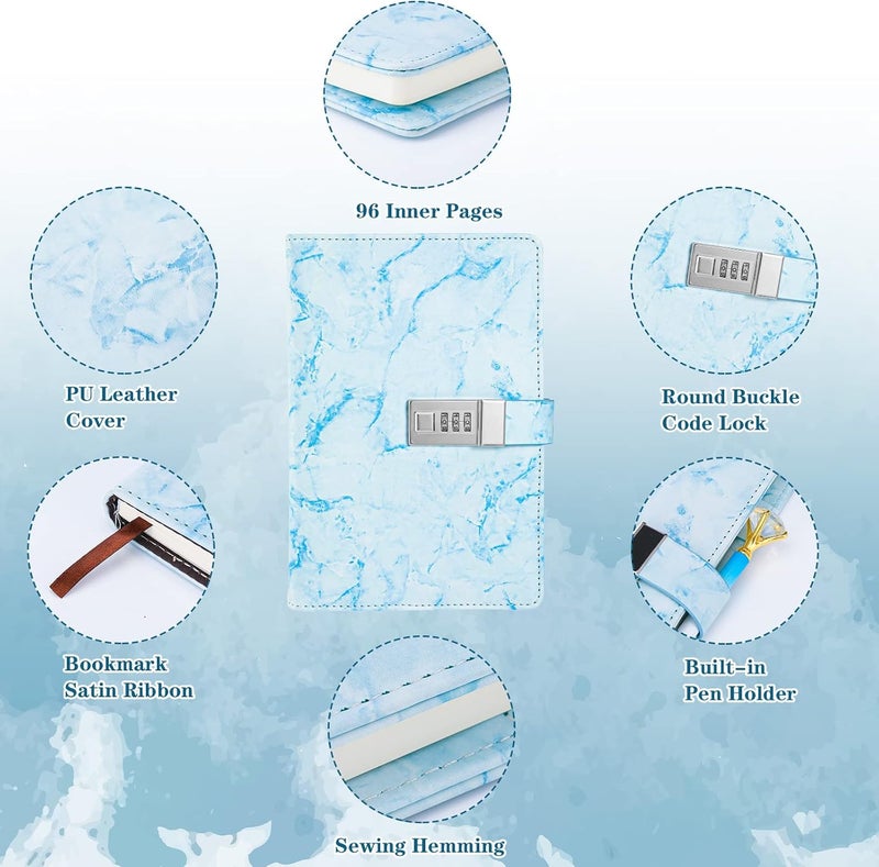 klarako Diary with Lock Marble PU Leather A5 Journal Combination Lock Secret Personal with Diamond Pen for Girls Women Boys (Blue,1 Pcs) - Image 5