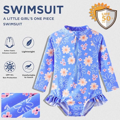 UMELOK Baby Girls One Piece Swimsuit UPF 50+ Sun Protection Floral Printed Long Sleeve Rash Guard Swim Suit Infant Swimwear with Zipper Lavender, Daisy,18M - Image 3