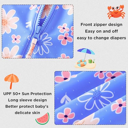 UMELOK Baby Girls One Piece Swimsuit UPF 50+ Sun Protection Floral Printed Long Sleeve Rash Guard Swim Suit Infant Swimwear with Zipper Lavender, Daisy,18M - Image 5