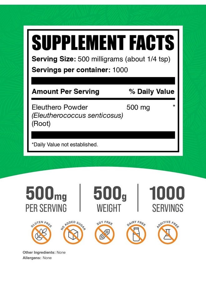 BulkSupplements مسحوق إلوثيرو من بولك سابليمنتس - مسحوق الجنسنغ السيبيري، إلوثيروكوكوس سينتيكوسوس، مكملات الأعشاب الجنسنغ، خالي من الغلوتين، 500 ملغ لكل حصة، 500 غ (1.1 رطل) (عبوة واحدة) - Image 2