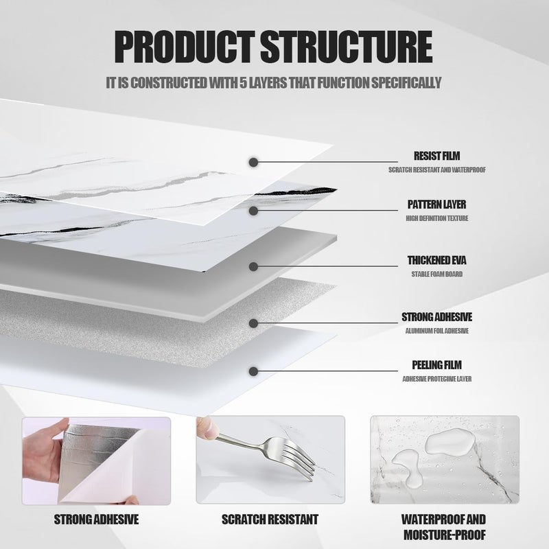 Chejiaye 10pcs Marble Peel and Stick Backsplash Waterproof Washroom Wall Panels, Peel and Stick Tile, PVC Foam Wall Panels for Kitchen,Bathroom,living room,White and Black(Not Real Tile,11.8" x 11.8") - Image 5