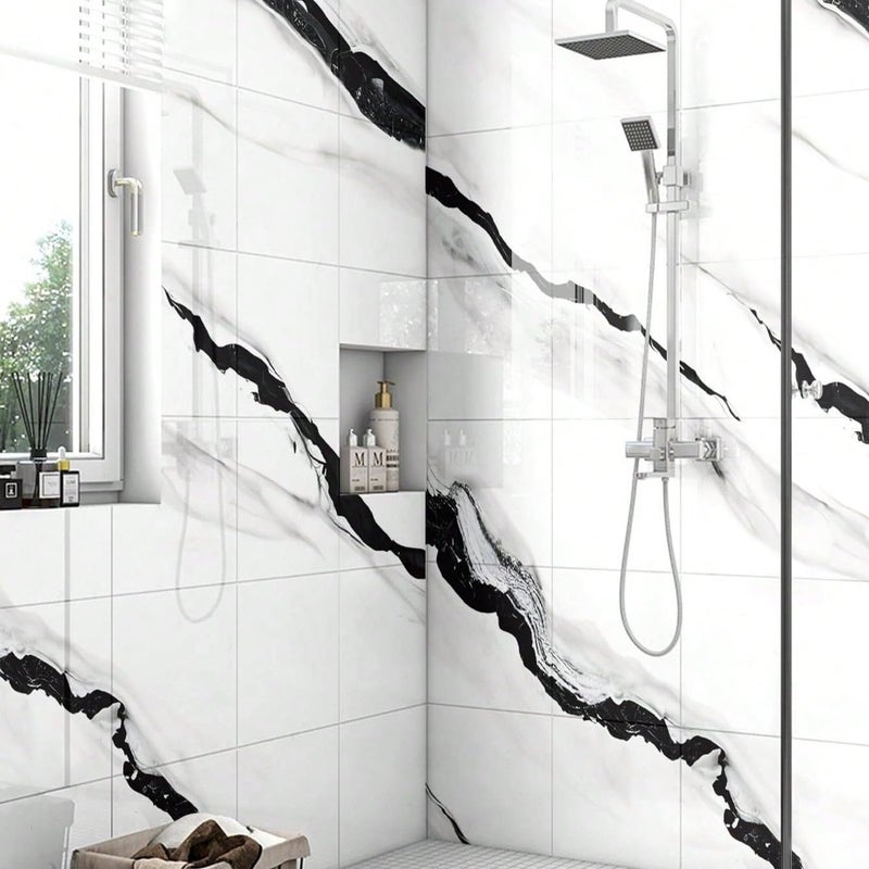 Chejiaye 10pcs Marble Peel and Stick Backsplash Waterproof Washroom Wall Panels, Peel and Stick Tile, PVC Foam Wall Panels for Kitchen,Bathroom,living room,White and Black(Not Real Tile,11.8" x 11.8") - Image 2