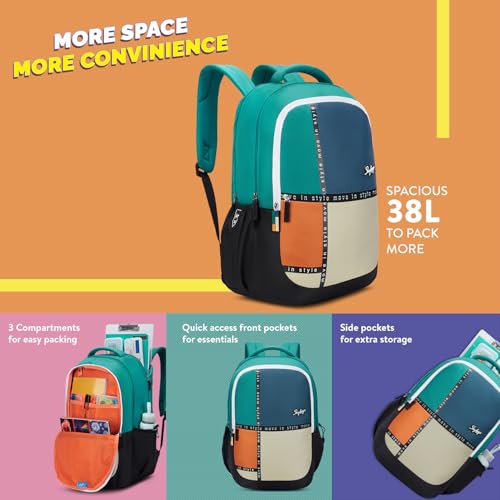 Skybags Klan Plus V2 Polyester 38 Liters Raincover 3 Compartment 1 Front Pocket Secret Pocket 2 Side Bottle Pockets School Backpack Checks Bottle Green For Boys And Girls - Image 4