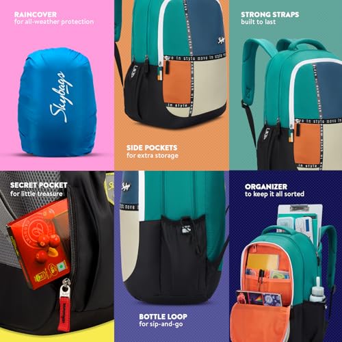 Skybags Klan Plus V2 Polyester 38 Liters Raincover 3 Compartment 1 Front Pocket Secret Pocket 2 Side Bottle Pockets School Backpack Checks Bottle Green For Boys And Girls - Image 5