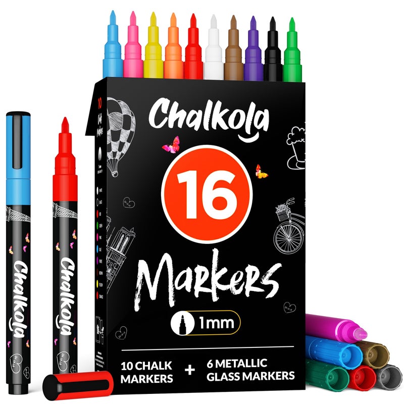 Chalkola Extra Fine Tip Chalk Markers for Blackboard Glass Pack of 16 1mm Point Window Marker Liquid Chalk Pens for Acrylic Dry Erase Board Mirror Car Thin Chalkboard Markers Erasable